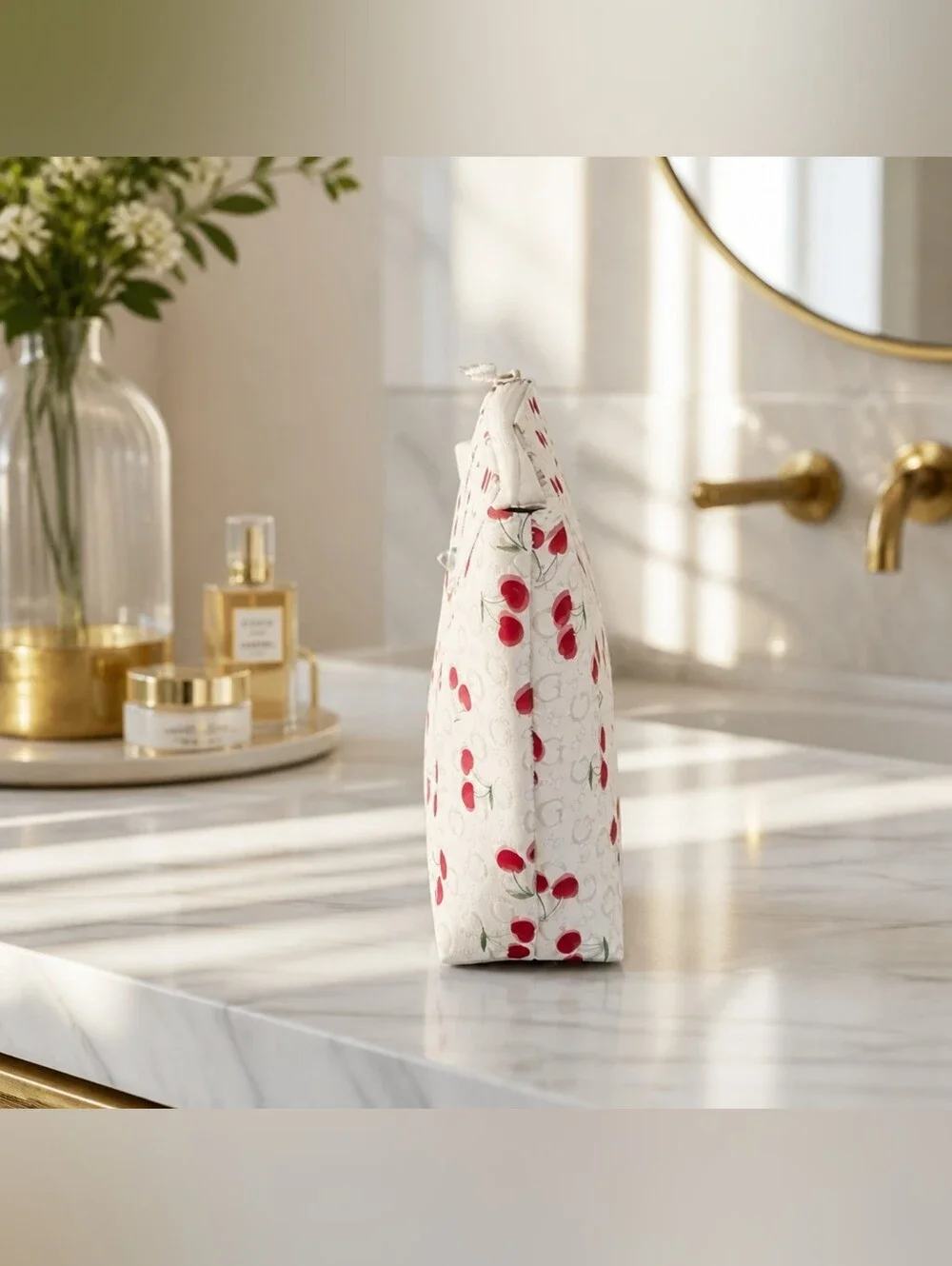 GUESS Cream & Red Cherry Print Cosmetic Makeup Bag